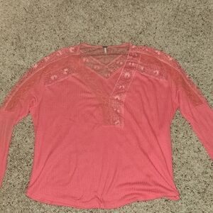 Free People Coral Lace-Trim Ribbed Long Sleeve Top